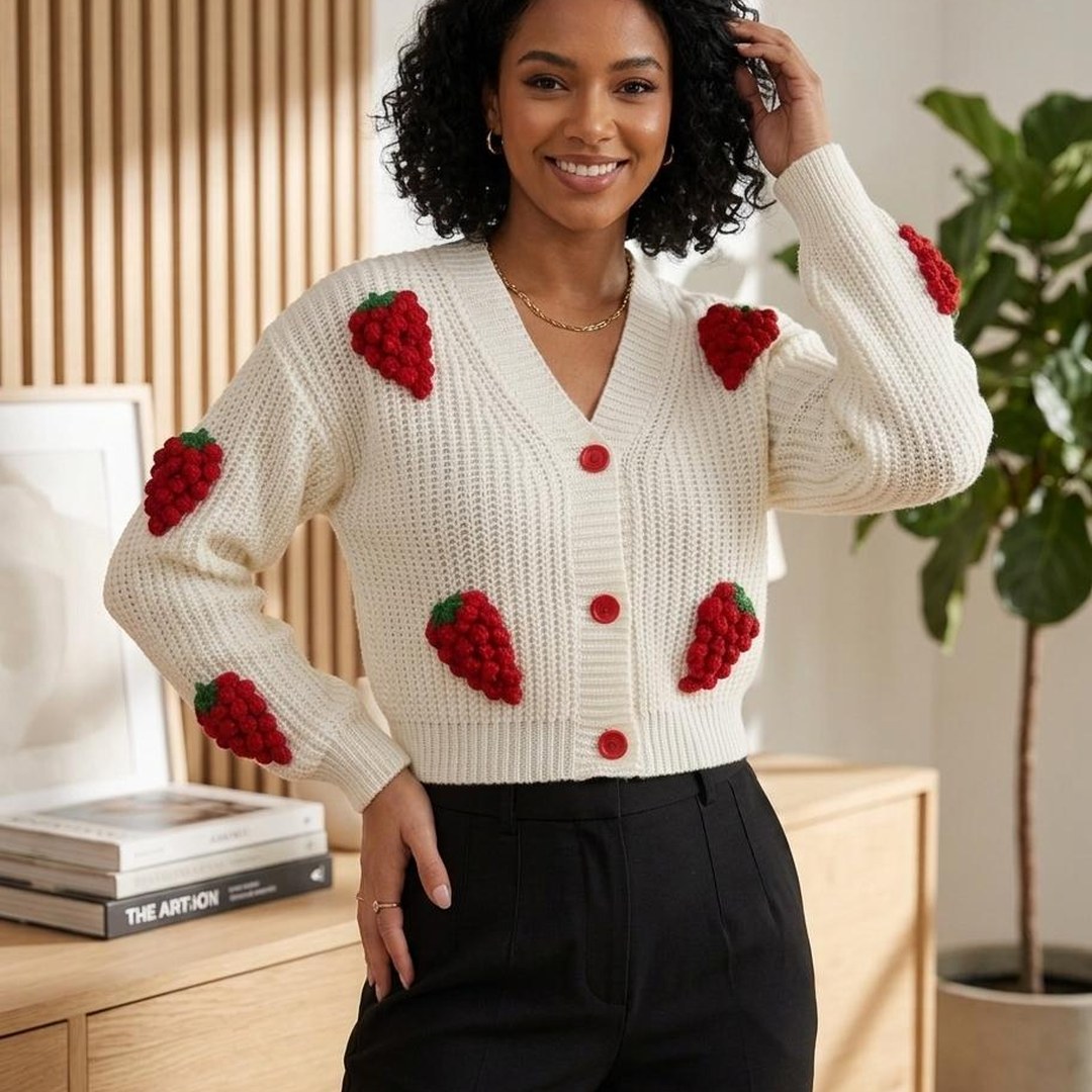 Strawberry Crop Knit Cardigan – Cream